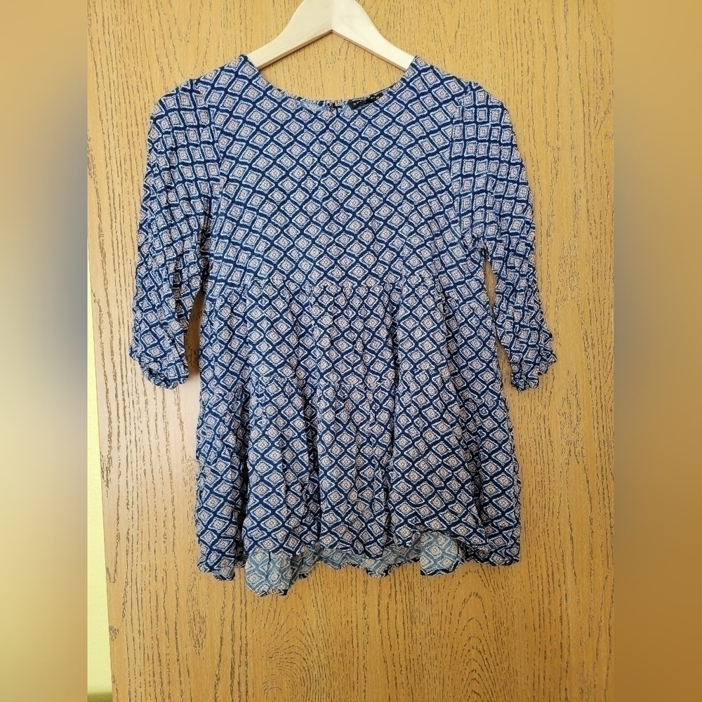 Staccato navy blue geometric print 3/4 sleeve boho blouse S
